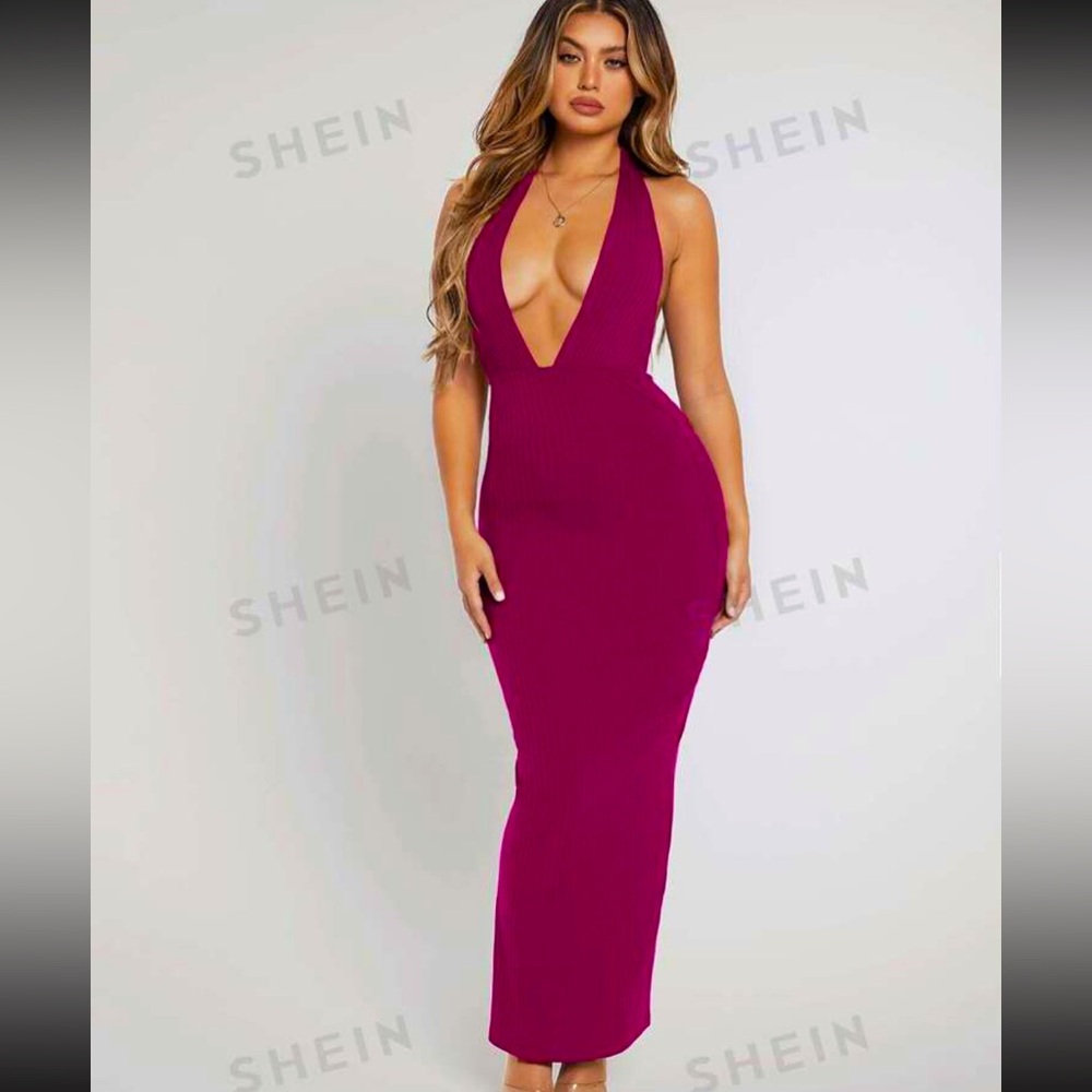 Plunging Neck Open Back Halter Dress